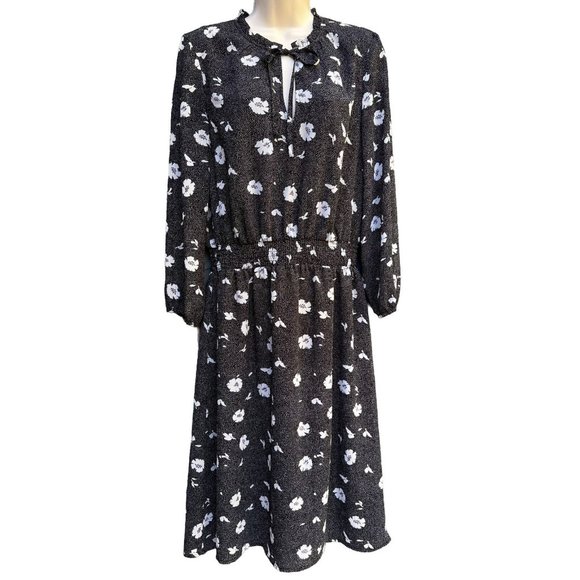 J. Crew Factory Dresses & Skirts - J. Crew Factory AG882 Long-Sleeve Printed Tie-Neck Dress Sz S Black Floral